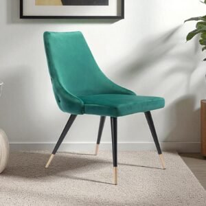 Modern Roma Velvet Upholstered Dining Chair with Curved Backrest and Gold-Tipped Legs – Green Colour - Image 1