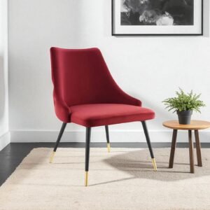 Modern Roma Velvet Upholstered Dining Chair with Curved Backrest and Gold-Tipped Legs – Red Colour - Image 1
