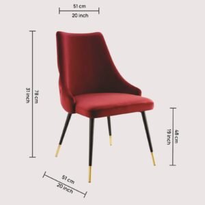 Modern Roma Velvet Upholstered Dining Chair with Curved Backrest and Gold-Tipped Legs – Red Colour - Image 2