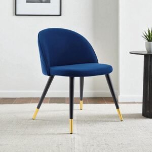 Modern Flora Velvet Upholstered Dining Chair with Rounded Backrest and Gold-Dipped Tapered Metal Legs – Royal Blue Colour - Image 1