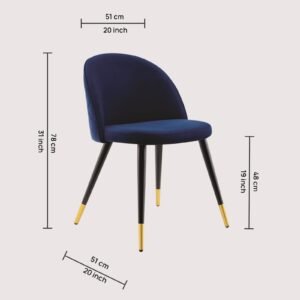 Modern Flora Velvet Upholstered Dining Chair with Rounded Backrest and Gold-Dipped Tapered Metal Legs – Royal Blue Colour - Image 2