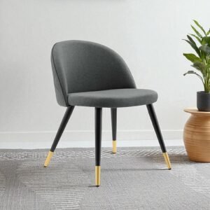 Modern Flora Velvet Upholstered Dining Chair with Rounded Backrest and Gold-Dipped Tapered Metal Legs – Grey Colour - Image 1