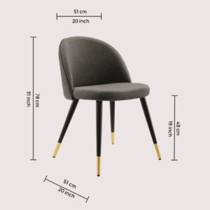 Modern Flora Velvet Upholstered Dining Chair with Rounded Backrest and Gold-Dipped Tapered Metal Legs – Grey Colour - Image 2