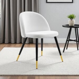 Modern Flora Velvet Upholstered Dining Chair with Rounded Backrest and Gold-Dipped Tapered Metal Legs – White Colour - Image 1