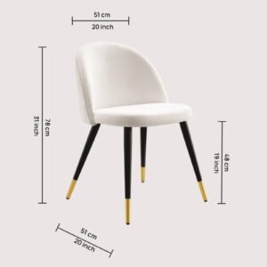 Modern Flora Velvet Upholstered Dining Chair with Rounded Backrest and Gold-Dipped Tapered Metal Legs – White Colour - Image 2