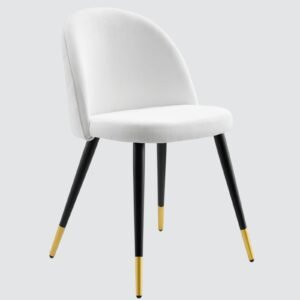 Modern Flora Velvet Upholstered Dining Chair with Rounded Backrest and Gold-Dipped Tapered Metal Legs – White Colour - Image 3