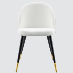 Modern Flora Velvet Upholstered Dining Chair with Rounded Backrest and Gold-Dipped Tapered Metal Legs – White Colour - Image 4