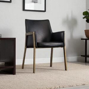 Risen Leatherette Armchair with Angled Backrest and Brushed Brass Metal Frame – Black Colour - Image 1