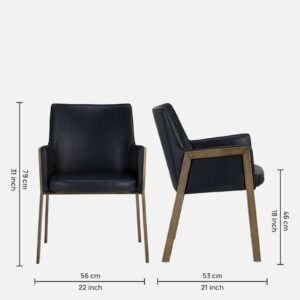 Risen Leatherette Armchair with Angled Backrest and Brushed Brass Metal Frame – Black Colour - Image 2