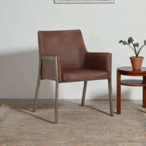 Risen Leatherette Armchair with Angled Backrest and Brushed Brass Metal Frame – BrownColour - Image 1