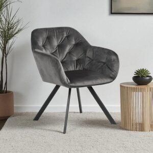 Ivory Elan Tufted Velvet Accent Chair with Curved Armrest and Black Swivel Base- Grey Colour - Image 1