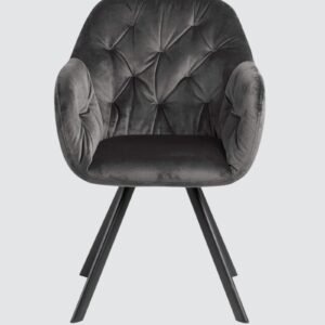 Ivory Elan Tufted Velvet Accent Chair with Curved Armrest and Black Swivel Base- Grey Colour - Image 4