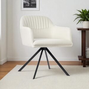 Contemporary Mid-Century Modern Upholstered Swivel Accent Chair with Ribbed Backrest and Sleek Metal Legs in White Colour