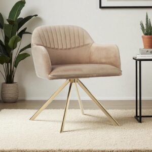 Contemporary Mid-Century Modern Upholstered Swivel Accent Chair with Ribbed Backrest and Sleek Metal Legs in Brown Colour