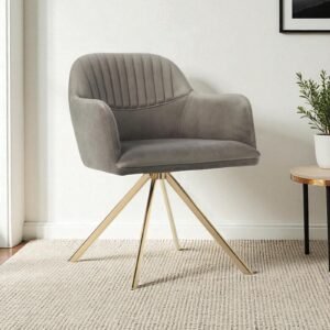 Contemporary Mid-Century Modern Upholstered Swivel Accent Chair with Ribbed Backrest and Sleek Metal Legs in Grey Colour