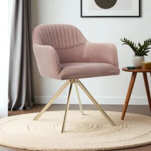 Contemporary Mid-Century Modern Upholstered Swivel Accent Chair with Ribbed Backrest and Sleek Metal Legs in Soft PinkColour