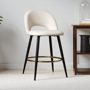 Avant-Garde Luxe Upholstered Bar Chair with Sculpted Metallic Base in Beige Colour