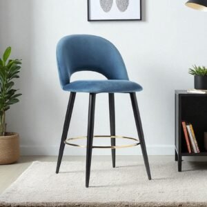 Avant-Garde Luxe Upholstered Bar Chair with Sculpted Metallic Base in Teal Blue Colour