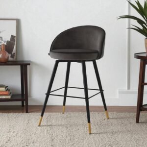 Metropolitan Luxe Bar Chair with Sculpted Metal Base and Textured Upholstery in Charcoal Black Colour
