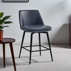 Rustico Industrial Modern Faux Leather Bar Chair With Matte Black Tapered Legs in Blue Colour