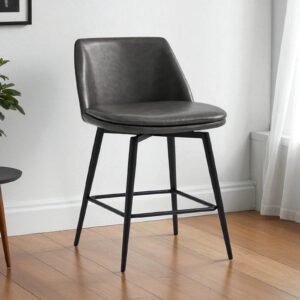 Rustico Industrial Modern Faux Leather Bar Chair With Matte Black Tapered Legs in Grey Colour